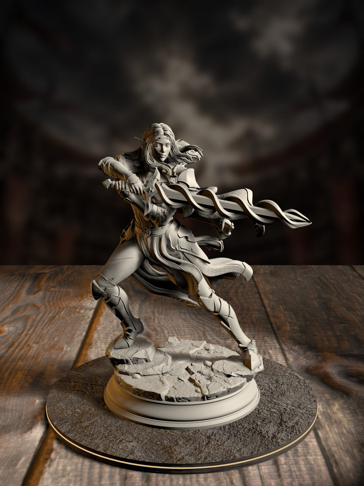 High elf spellsword miniature mid-lunge with an elegant flame-shaped greatsword, wind-swept hair and detailed armor