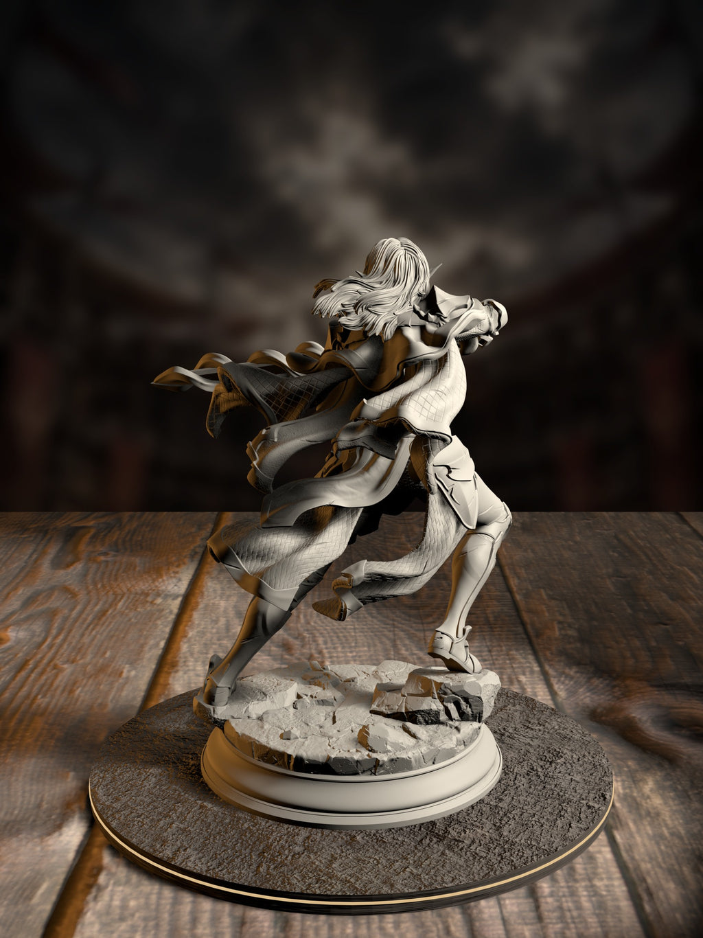 Side view of the Cerindelia miniature showing her flowing cloak, pointed ears, and extended blade follow-through