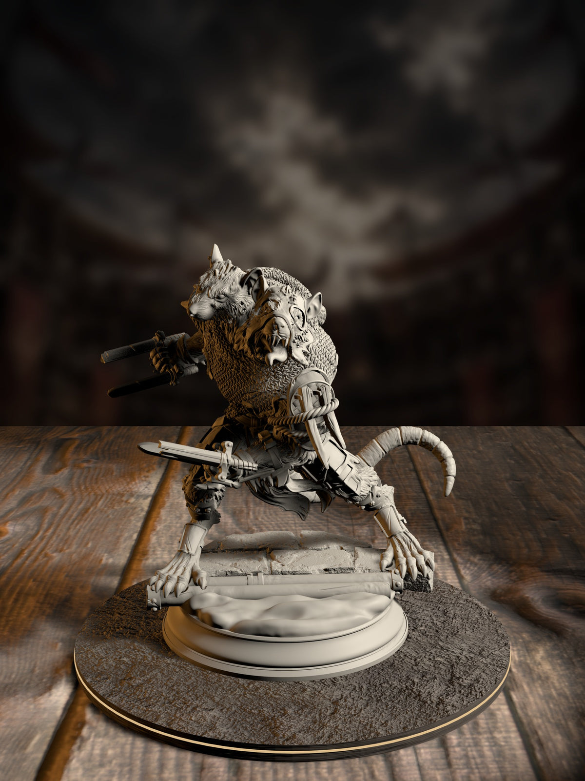Plague-touched ratfolk warrior miniature crouched mid-charge, dual-wielding curved daggers, wearing chainmail-patterned fur armor