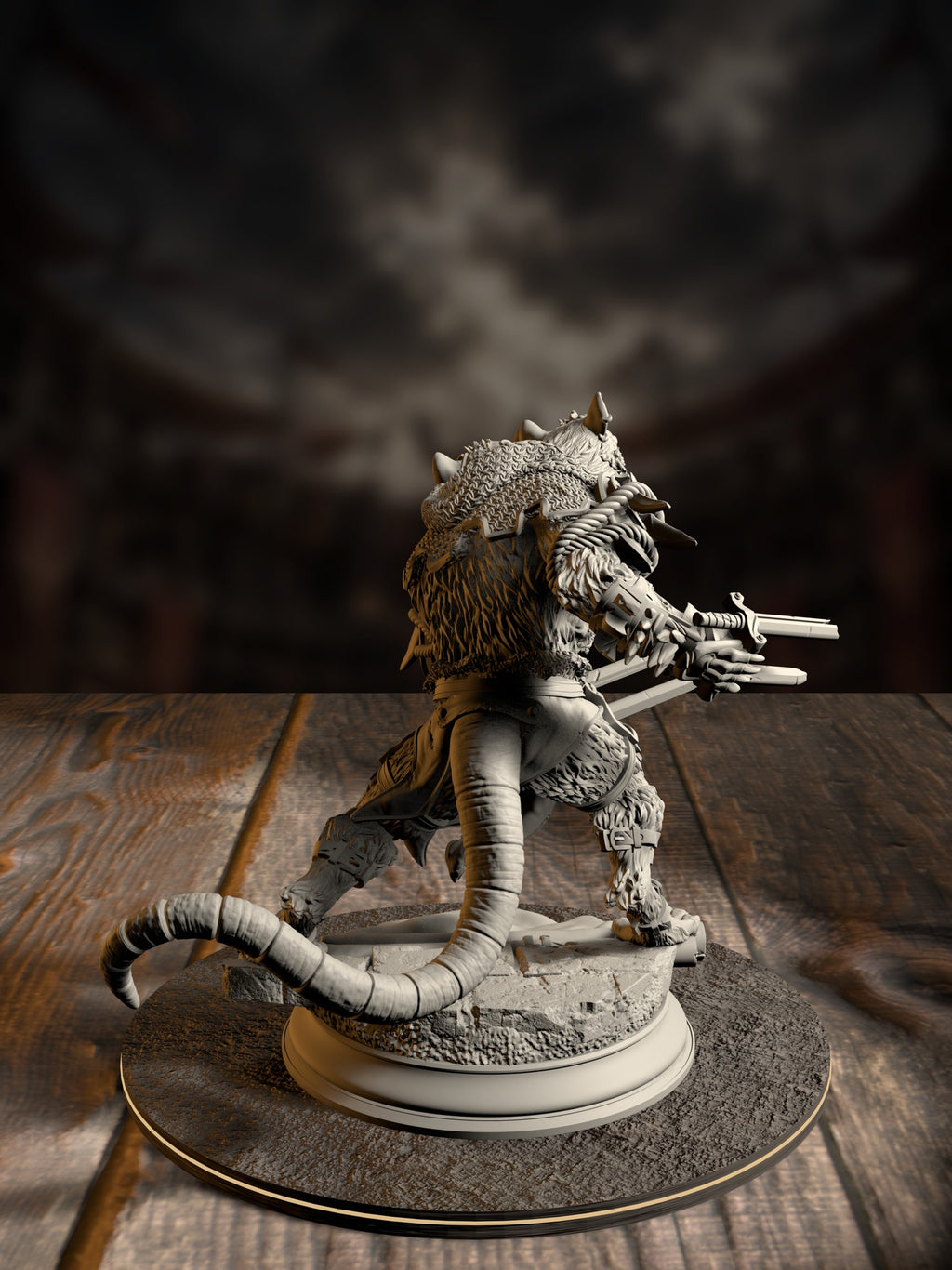 Rear view of the Scabbers ratfolk warrior miniature showing its coiled tail, skull trophies, and banded armor plates