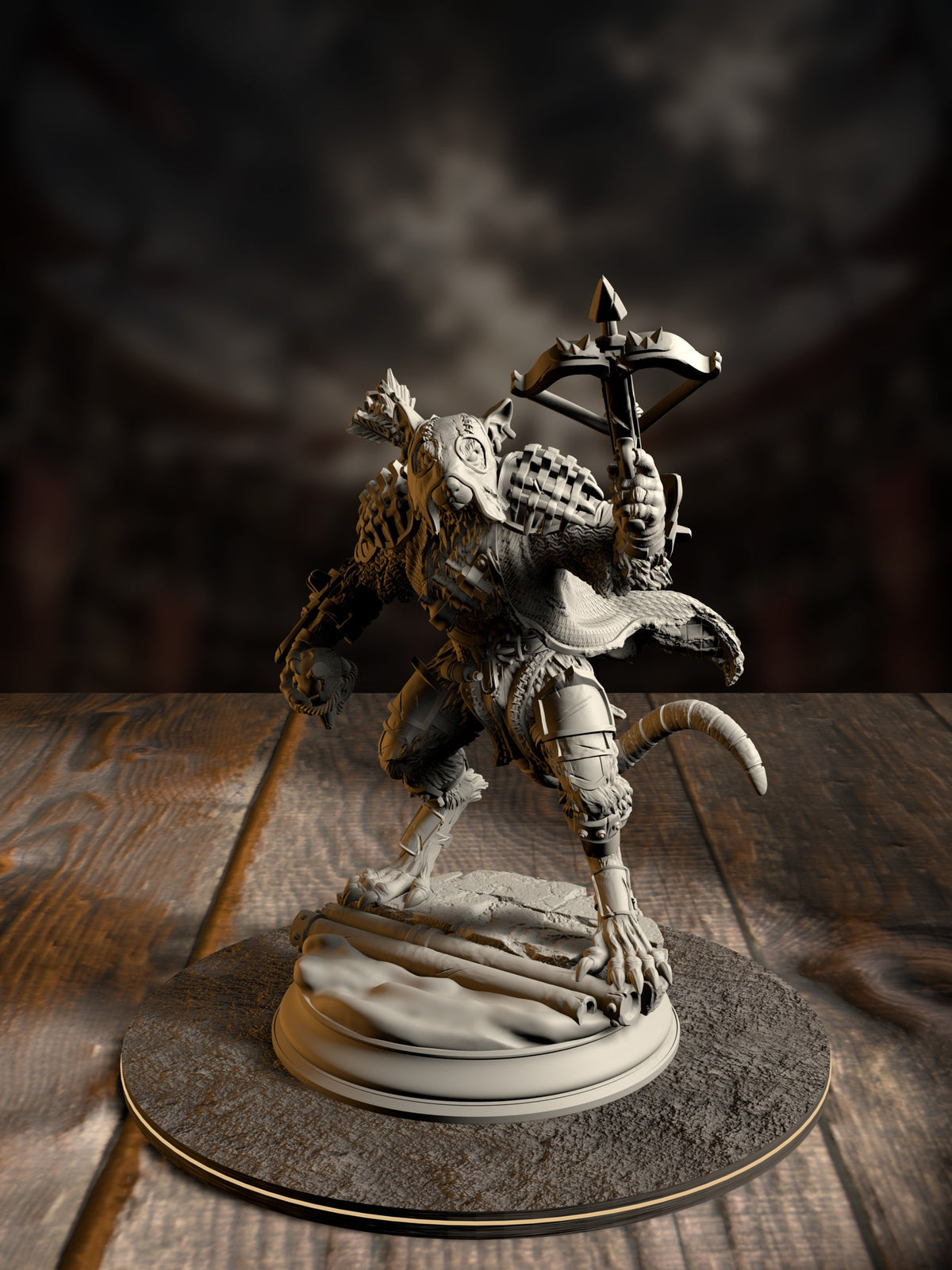 Ratfolk warrior miniature standing with a crossbow raised and a dagger held ready, wearing layered plate shoulder armor