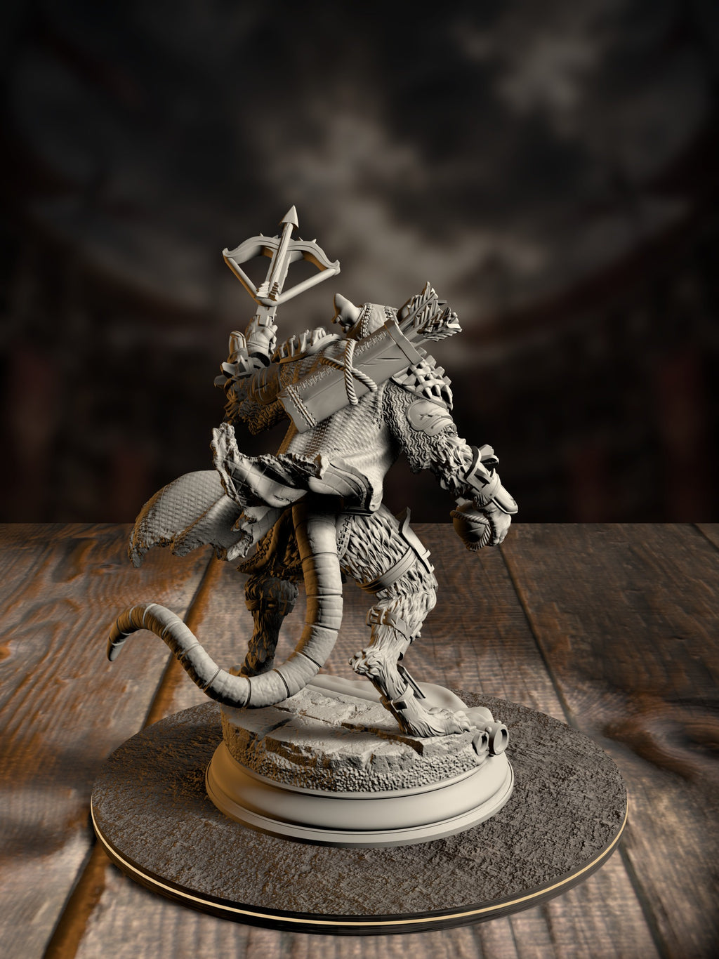 Rear view of the crossbow-wielding ratfolk warrior miniature showing its banded fur wrappings and tail