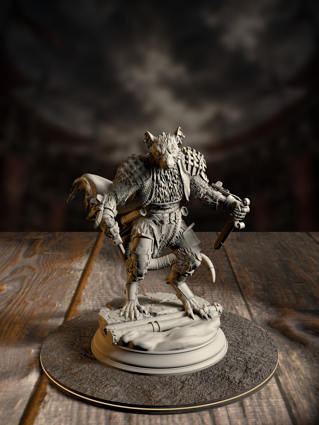 Plague-touched ratfolk warrior miniature crouched mid-charge, dual-wielding a pair of long twin blades