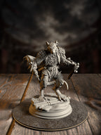 Plague-touched ratfolk warrior miniature crouched mid-charge, dual-wielding a pair of long twin blades