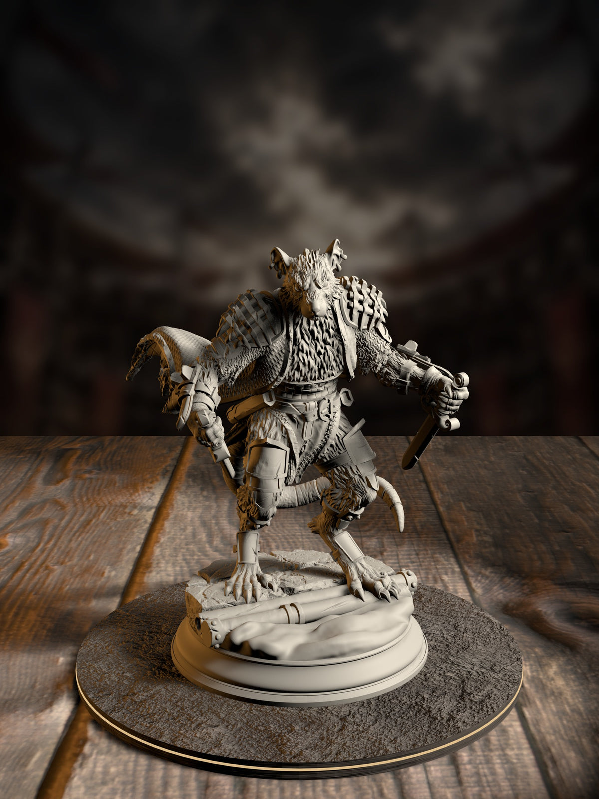 Plague-touched ratfolk warrior miniature crouched mid-charge, dual-wielding a pair of long twin blades