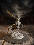 Centaur warboss miniature rearing on its hind legs with a massive serrated blade raised overhead, wearing ornate skull-adorned armored barding