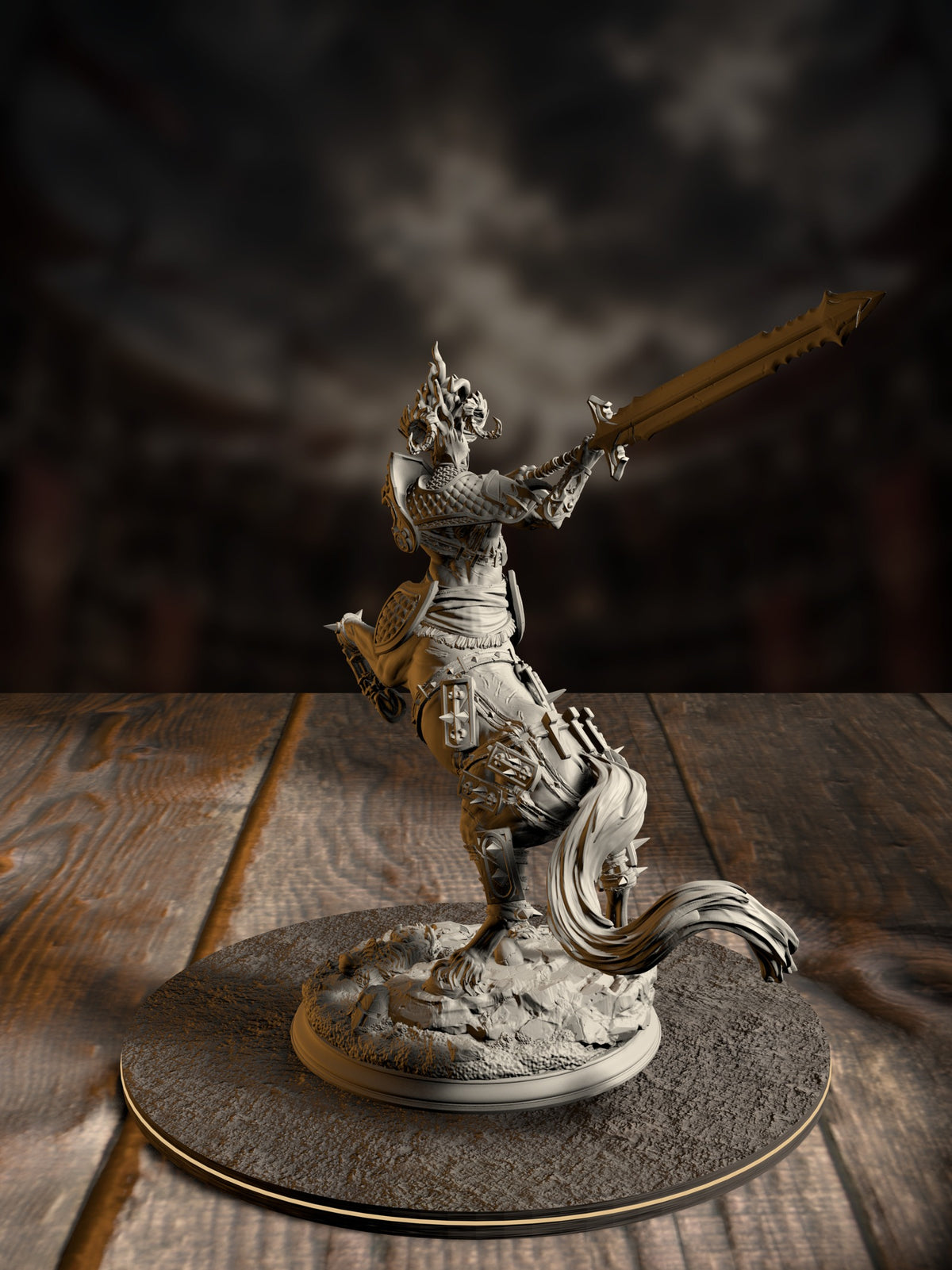Side view of the armored centaur warboss miniature showing spiked barding, flowing mane, and trophy skulls at the base