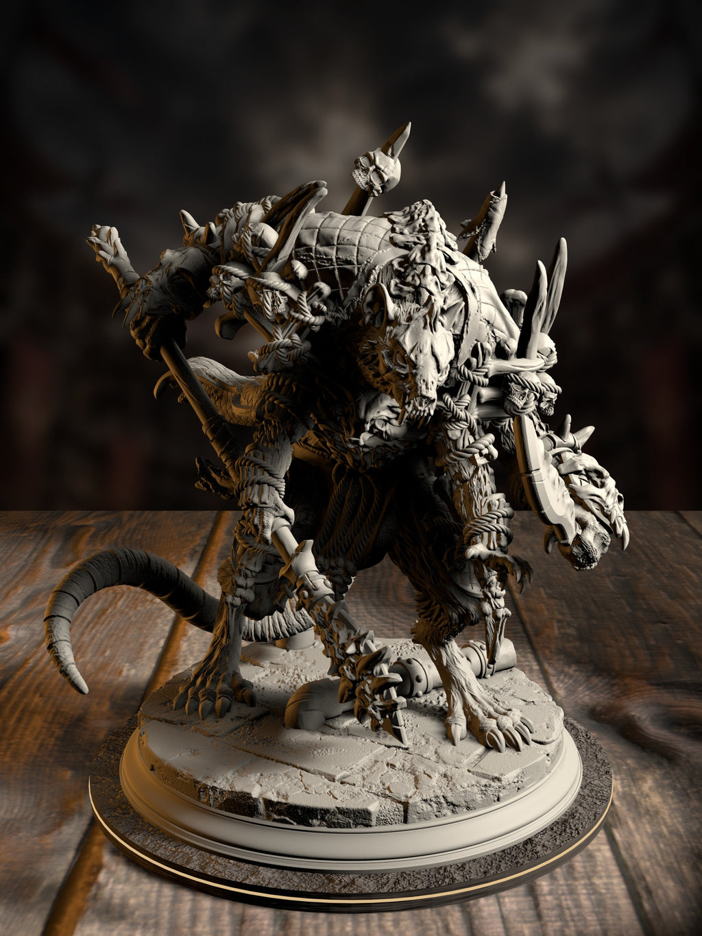 Hulking rat-beast miniature draped in bone trophies and rope bindings, gripping a spear-tipped standard, standing over scavenged debris