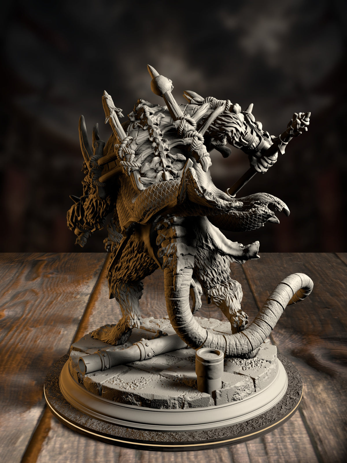 Rear view of the Rat King miniature showing its bristling fur, banner-hung back, and coiled tail winding across the base