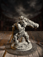 Two-headed ettin brute miniature swinging a massive rope-bound stone club overhead, arms wrapped in rope and shield trophies