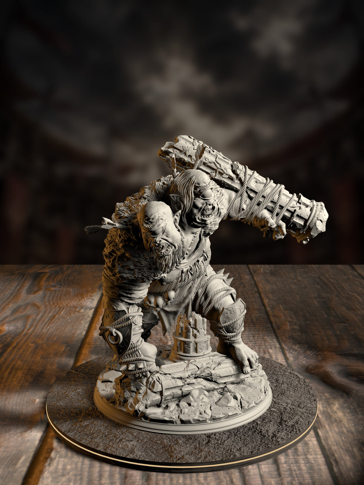 Two-headed ettin brute miniature swinging a massive rope-bound stone club overhead, arms wrapped in rope and shield trophies