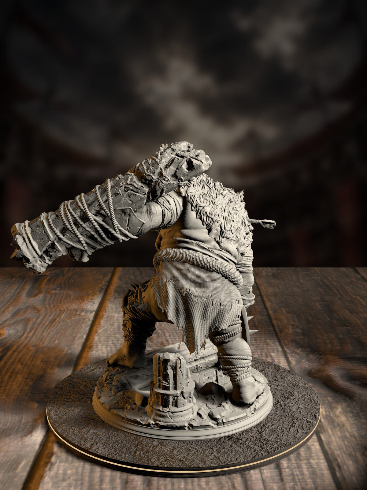 Rear view of the ettin brute miniature showing its hunched, muscular back and the club raised over a cracked stone plinth