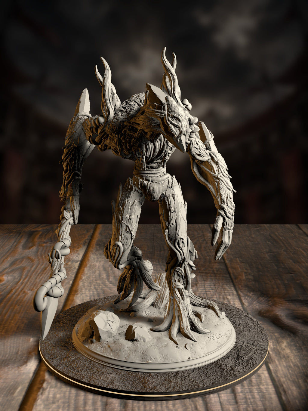 Towering treant miniature with twisted branch-like horns and clawed limbs, gripping a bladed chain weapon, standing over a cut tree stump