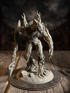 Towering treant miniature with twisted branch-like horns and clawed limbs, gripping a bladed chain weapon, standing over a cut tree stump