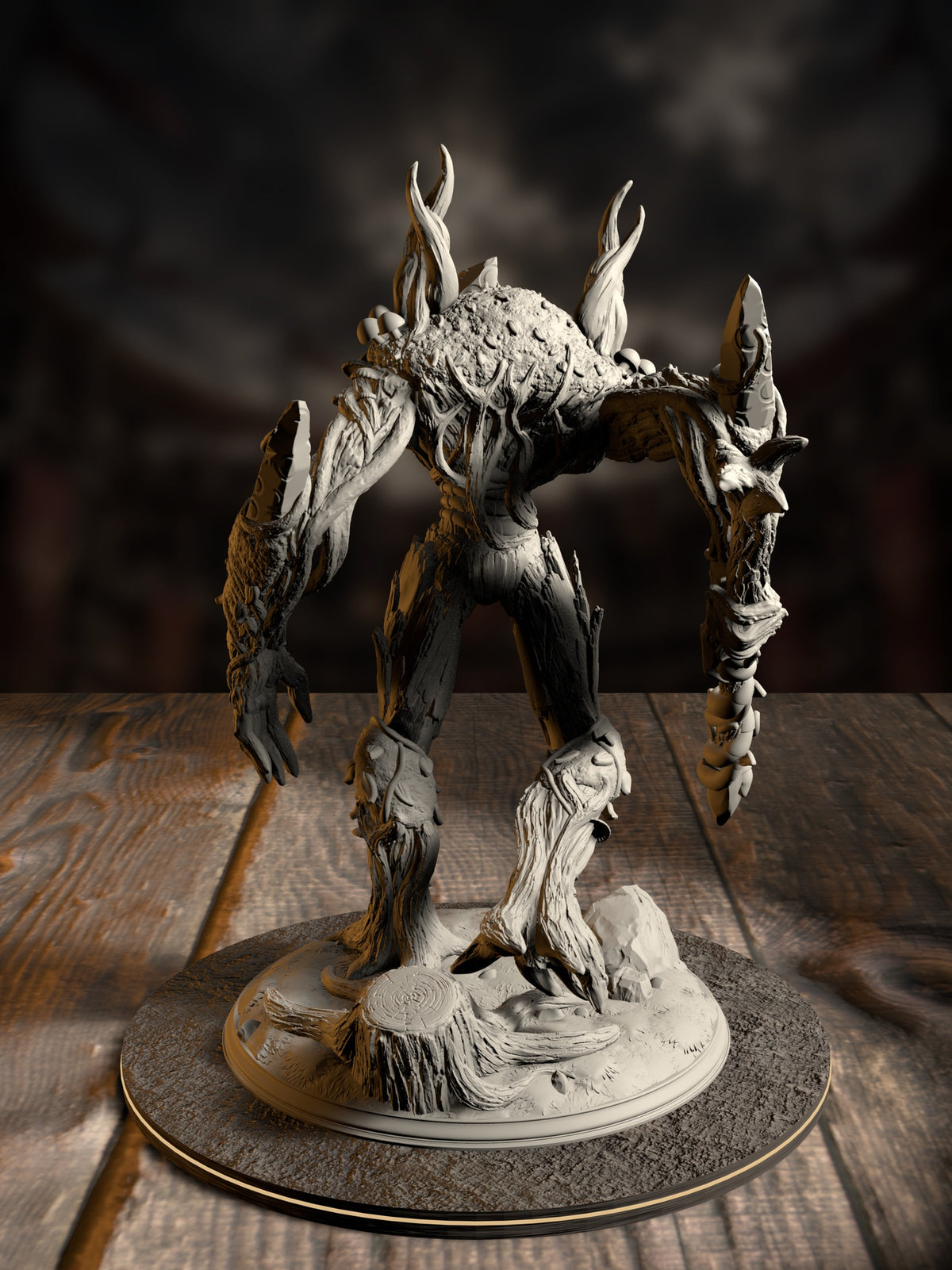 Rear view of the treant miniature showing its bark-textured back, trailing chain weapon, and root-like feet