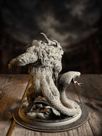 Rear view of the chimera miniature showing its shaggy coat, coiled serpent tail, and clawed hindquarters