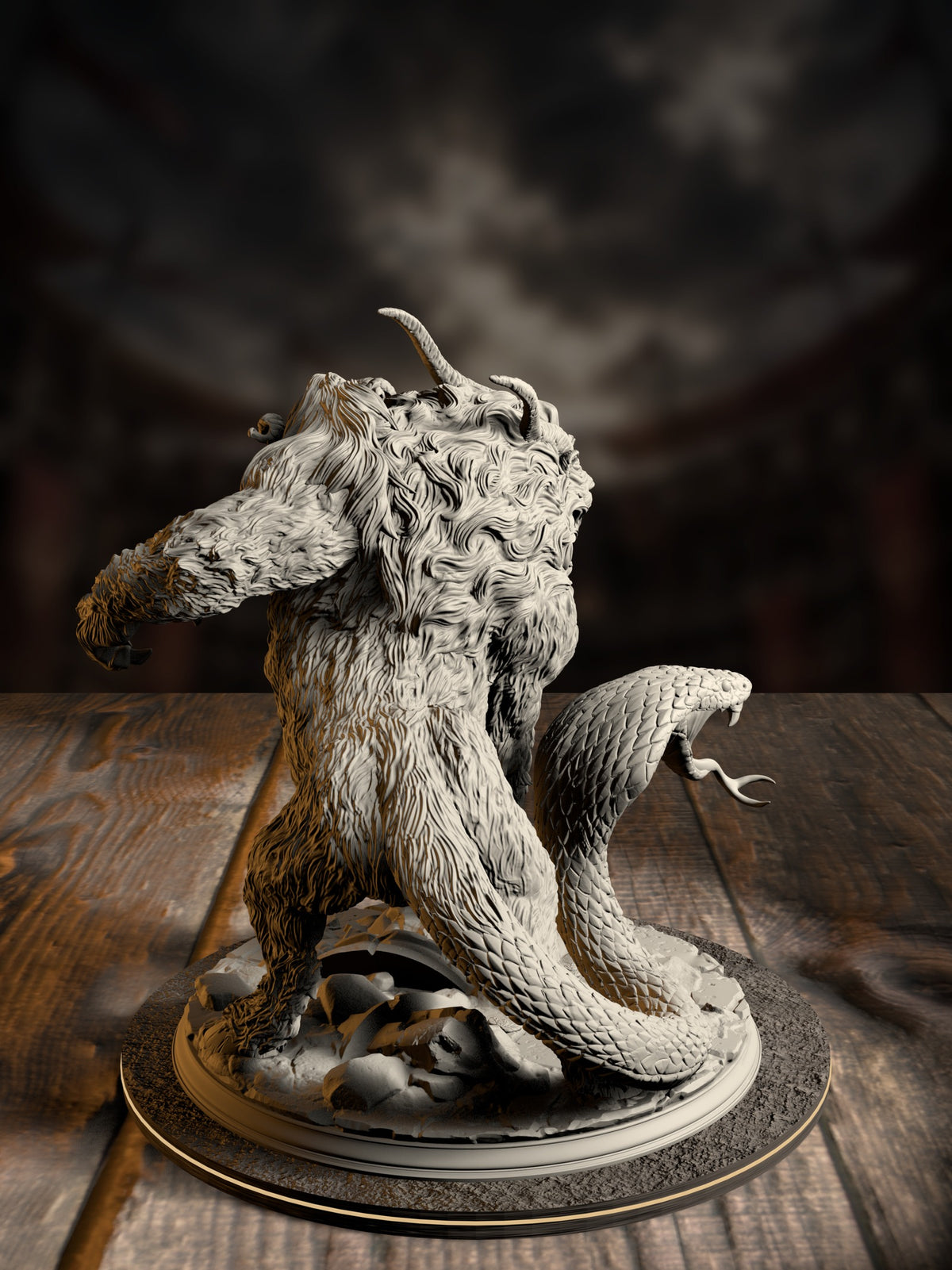 Rear view of the chimera miniature showing its shaggy coat, coiled serpent tail, and clawed hindquarters
