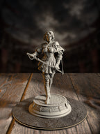 Elegant noblewoman duellist miniature mid-flourish with a drawn rapier, wearing an ornate corseted dress and flowing cape