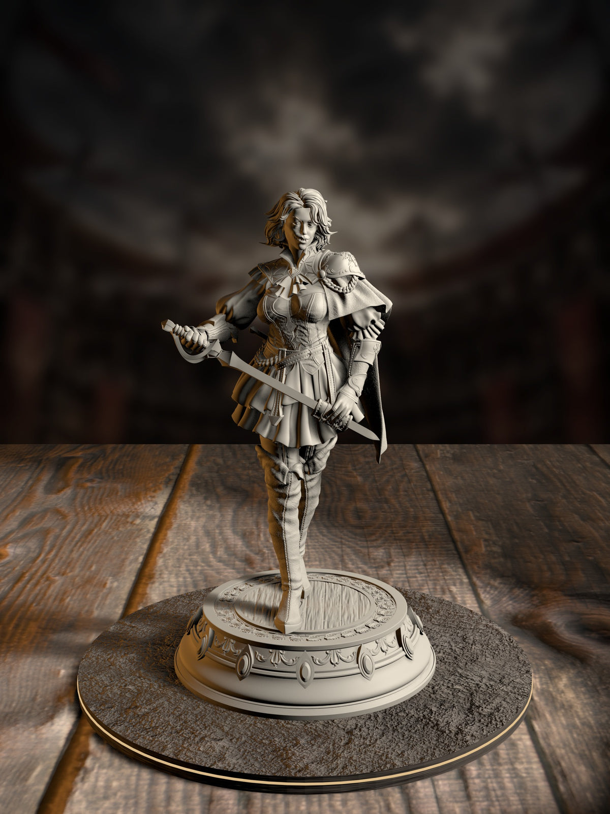 Elegant noblewoman duellist miniature mid-flourish with a drawn rapier, wearing an ornate corseted dress and flowing cape