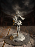 Side view of the Lady Duellist miniature showing her cape, bracers, and poised dueling stance atop an ornate round base