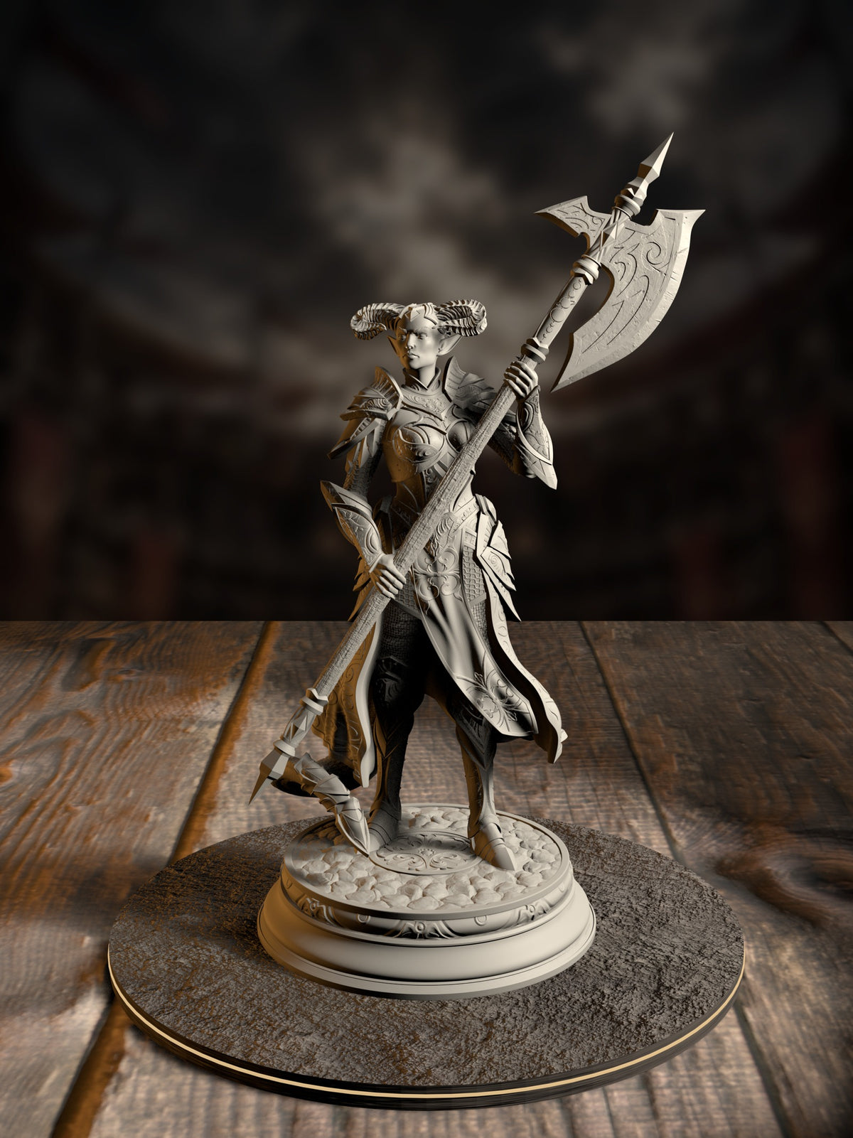 Armored tiefling noblewoman miniature with curved horns, resting a massive greataxe on her shoulder in a regal standing pose