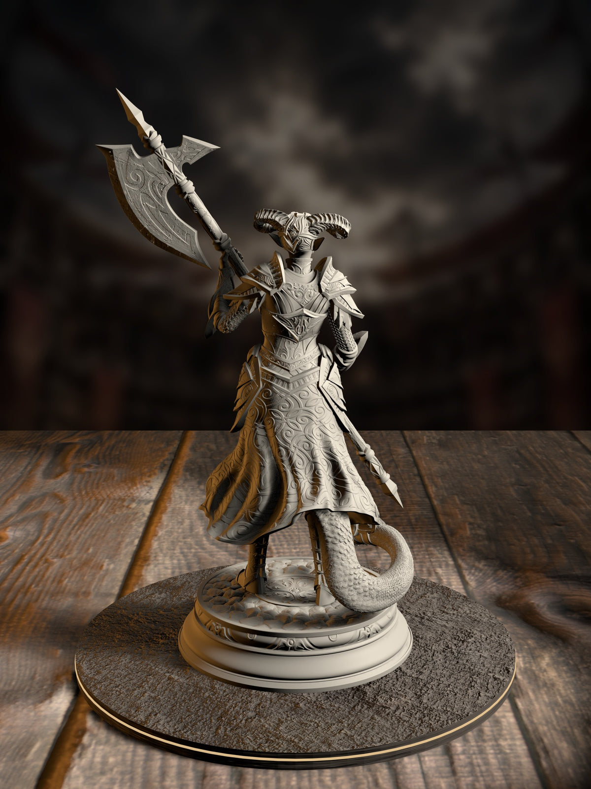 Rear view of the Matriarch miniature showing her detailed plate armor, cloak, and tail
