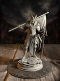 Armored tiefling soldier miniature planting a banner-topped spear while drawing a sword, wearing engraved plate armor and a flowing cape