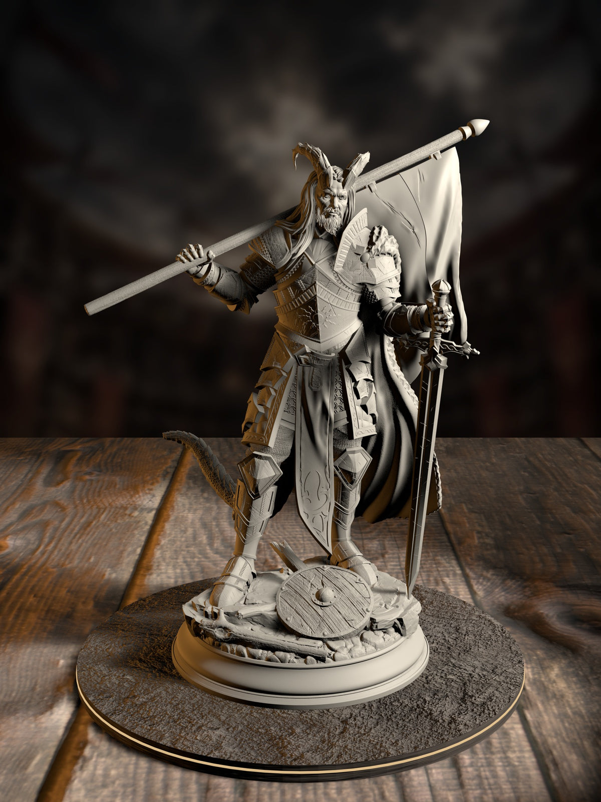 Armored tiefling soldier miniature planting a banner-topped spear while drawing a sword, wearing engraved plate armor and a flowing cape