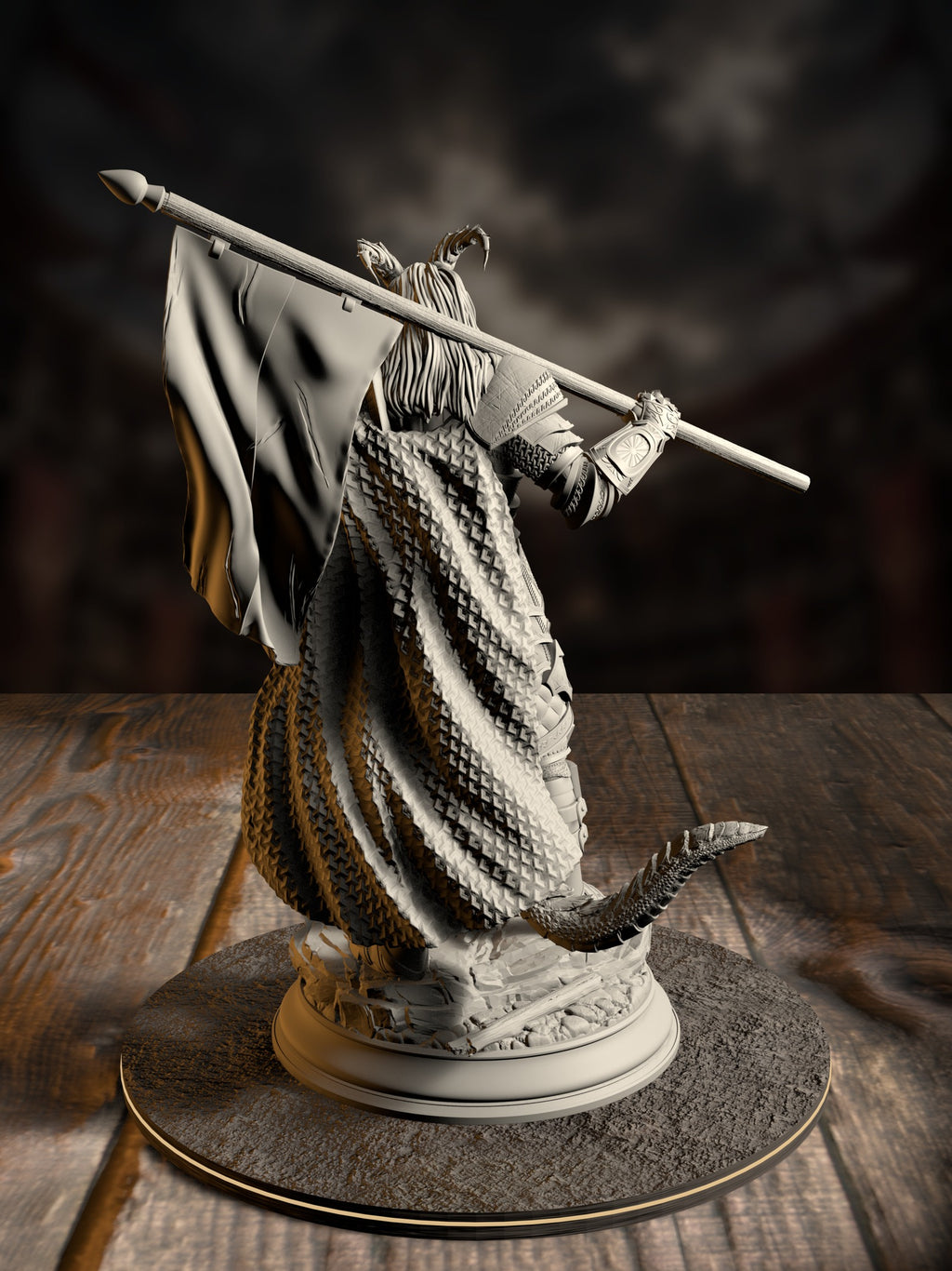 Rear view of the Captain miniature showing the banner cloth, cape, and horned helm detail