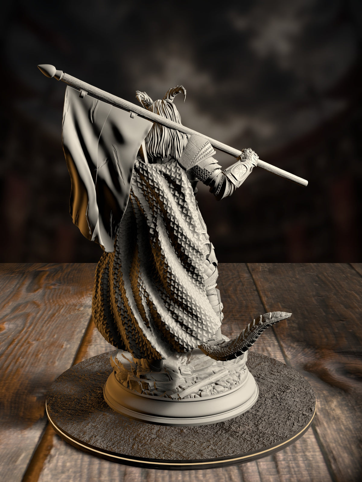 Rear view of the Captain miniature showing the banner cloth, cape, and horned helm detail