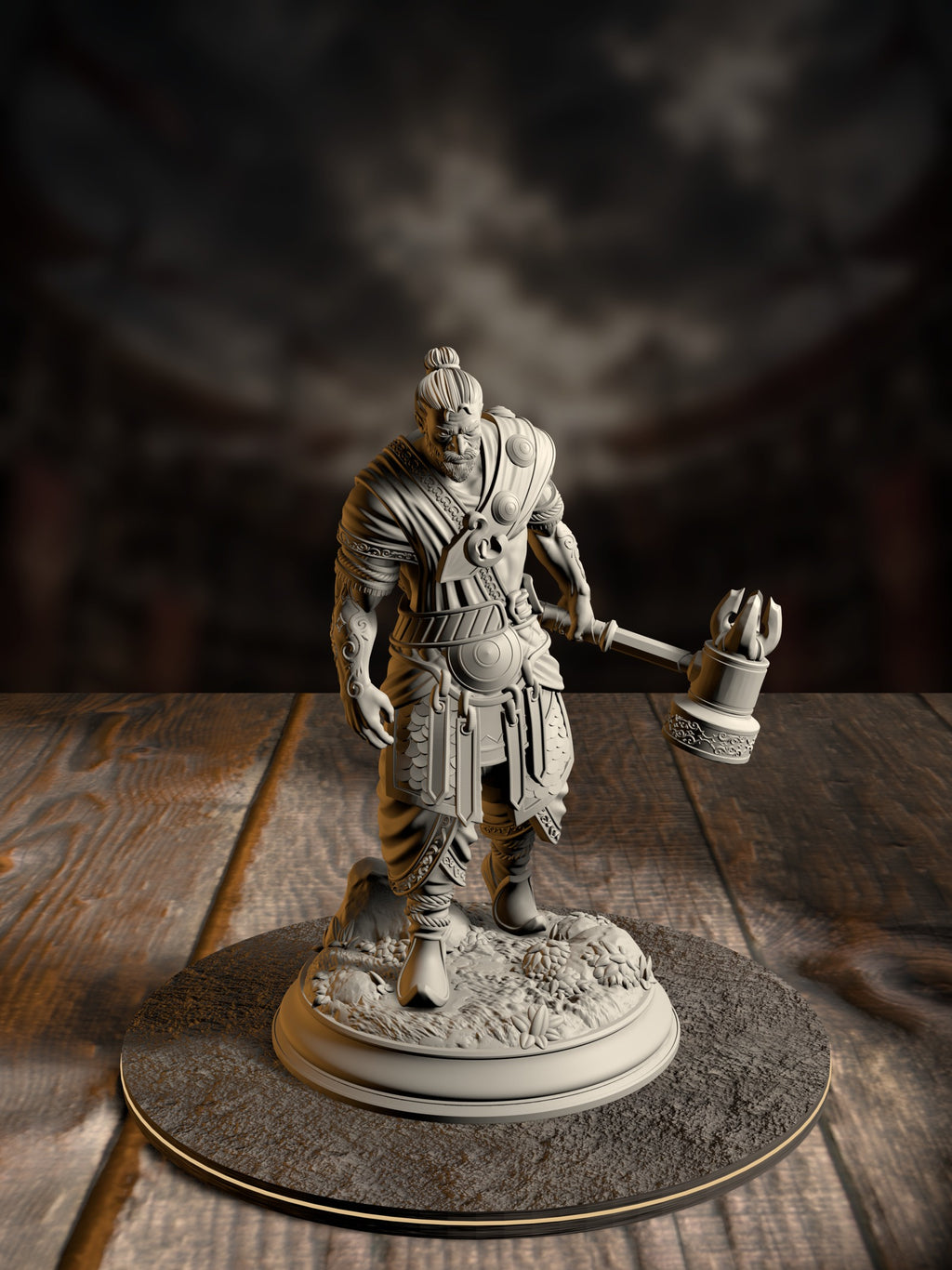 Bearded barbarian miniature mid-swing with a massive totem-carved warhammer, tribal tattoos visible on bare arms