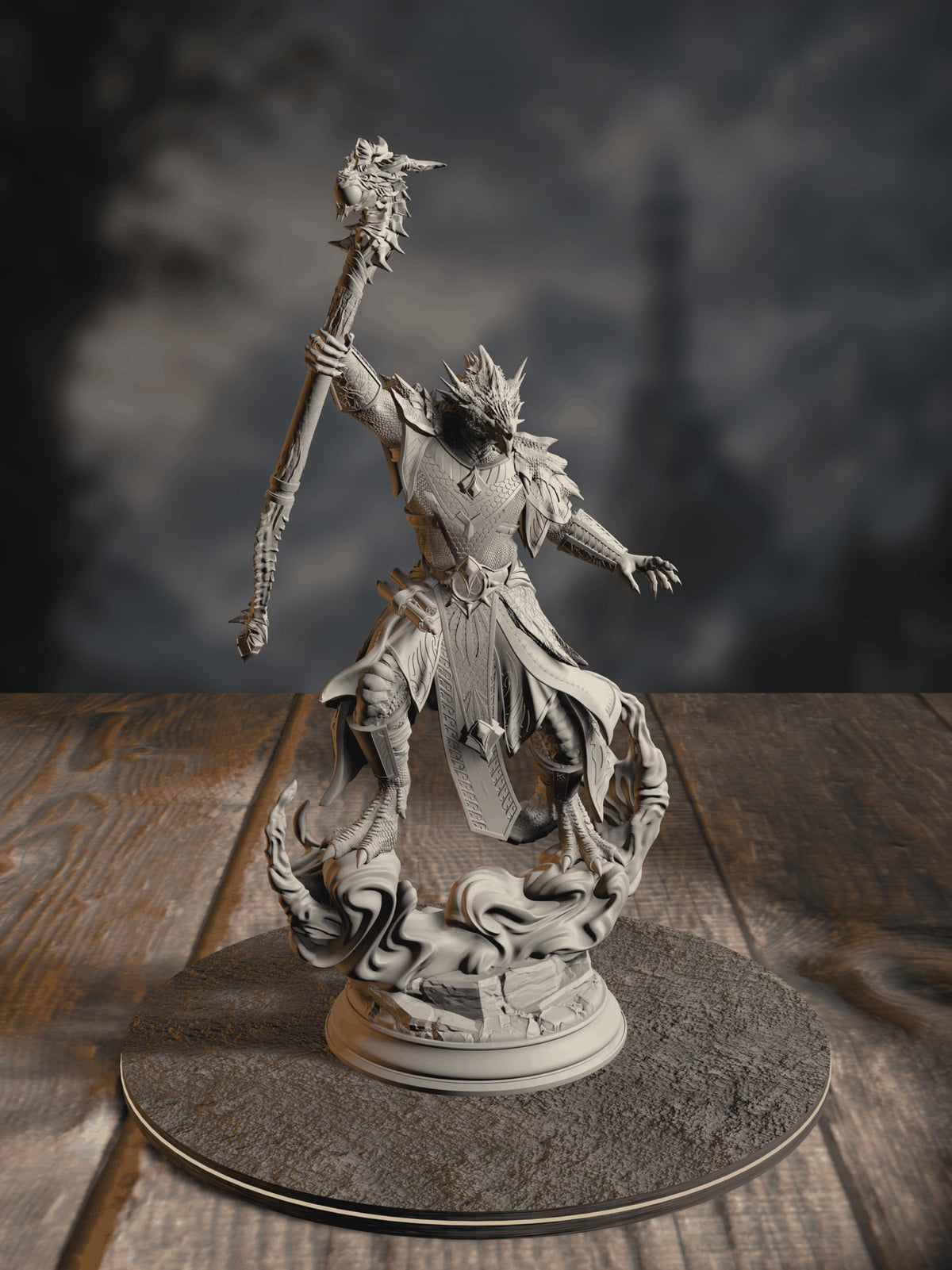 360-degree turntable of Artizak Stormscale, Chaos Dragon Sorcerer, showcasing full sculpt detail from every angle.