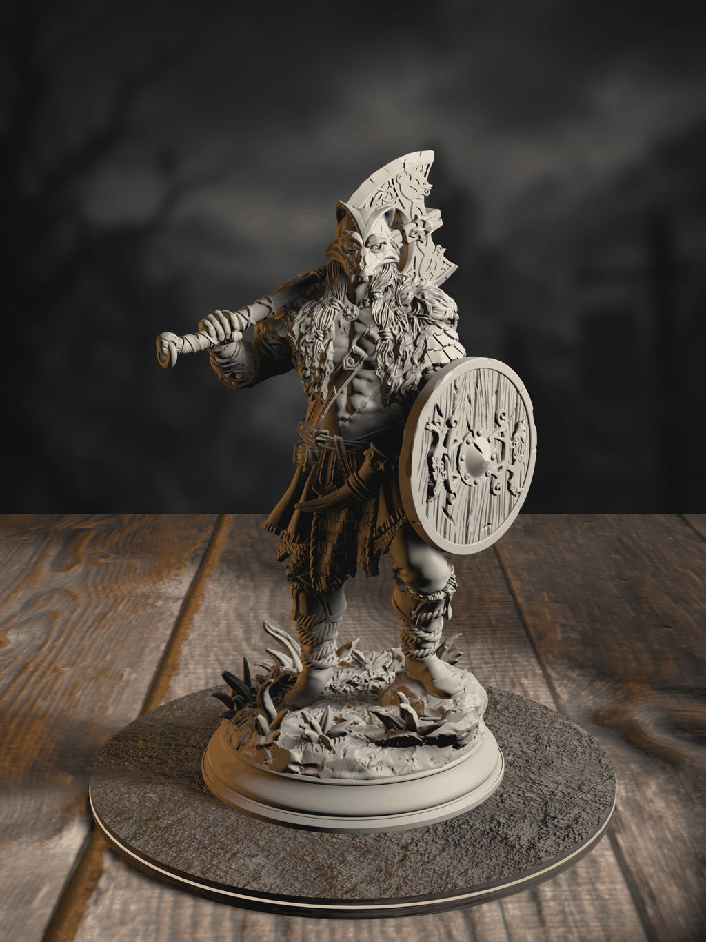 360-degree turntable of Skjolnir Ulvar, Barbarian of the Wolf, showcasing full sculpt detail from every angle.