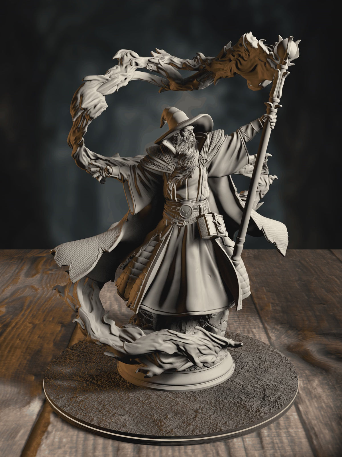 360-degree turntable of Merlin of Monmouth, Elder Wizard, showcasing full sculpt detail from every angle.