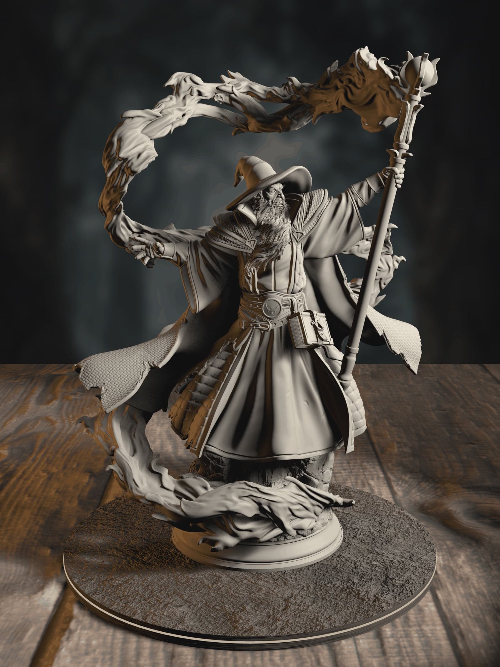 360-degree turntable of Merlin of Monmouth, Elder Wizard, showcasing full sculpt detail from every angle.
