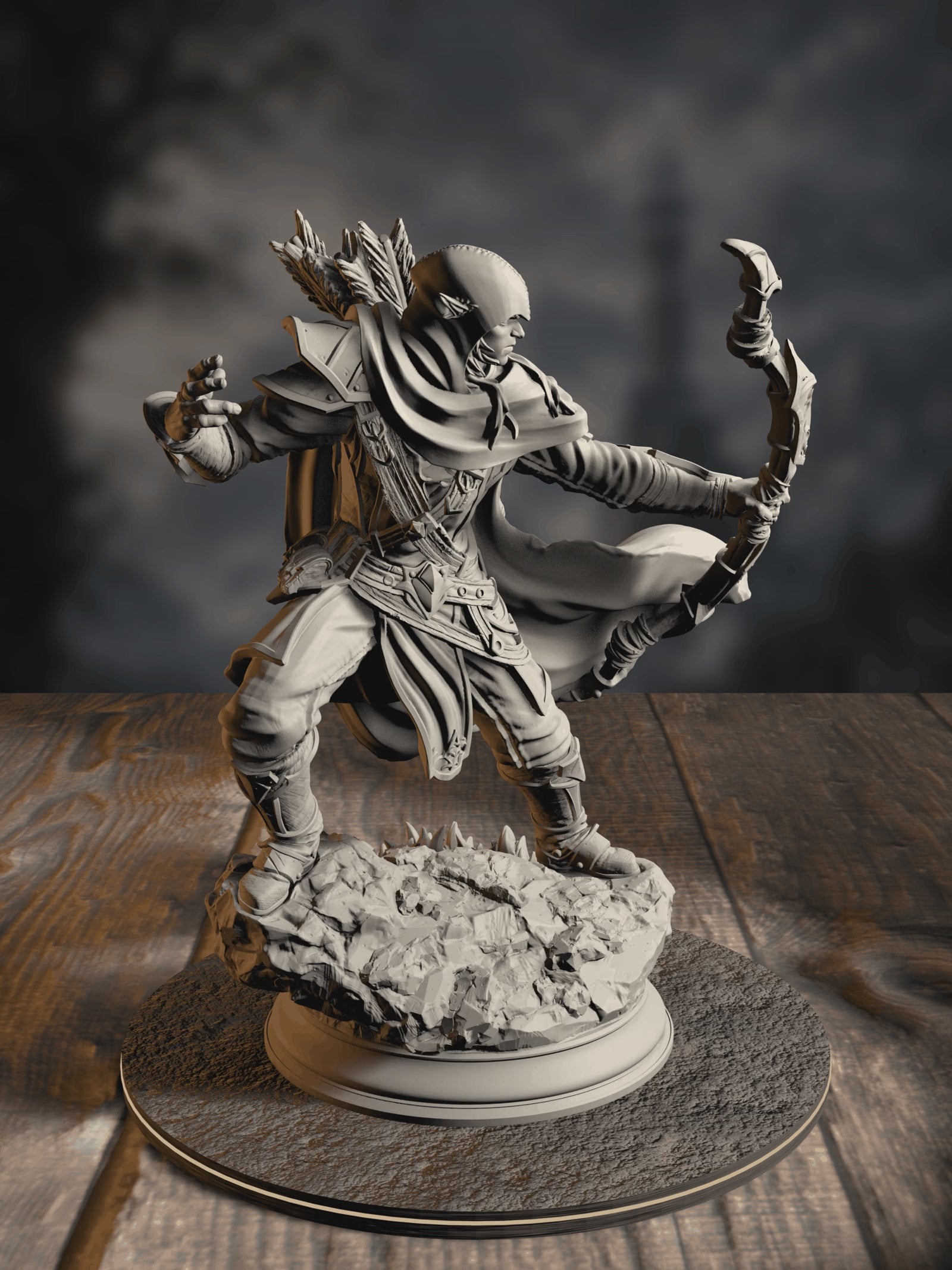360-degree turntable of Indua’ne Viverik, Drow Ranger, showcasing full sculpt detail from every angle.