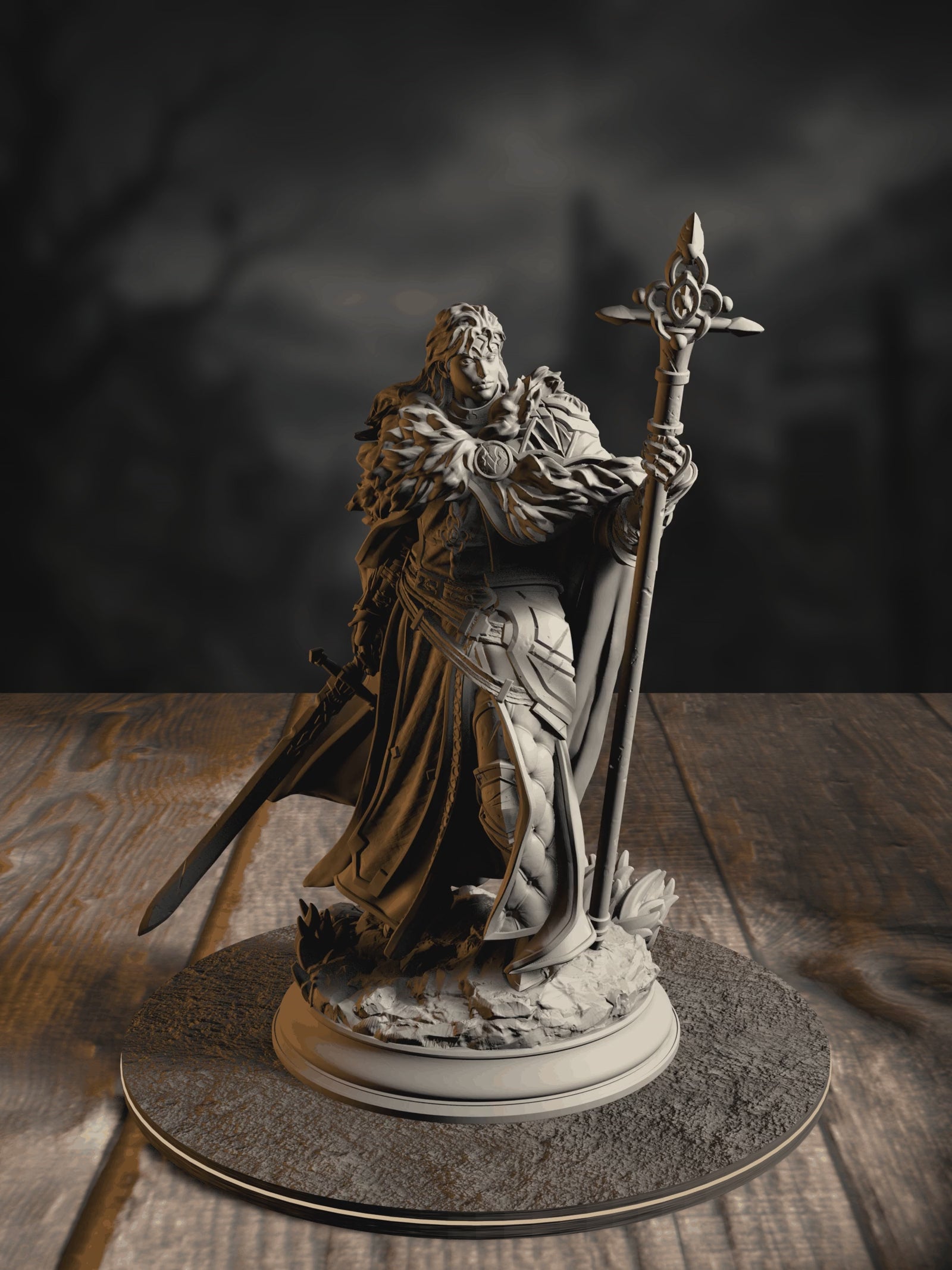 360-degree turntable of Silvia the Tearless, War Priestess, showcasing full sculpt detail from every angle.