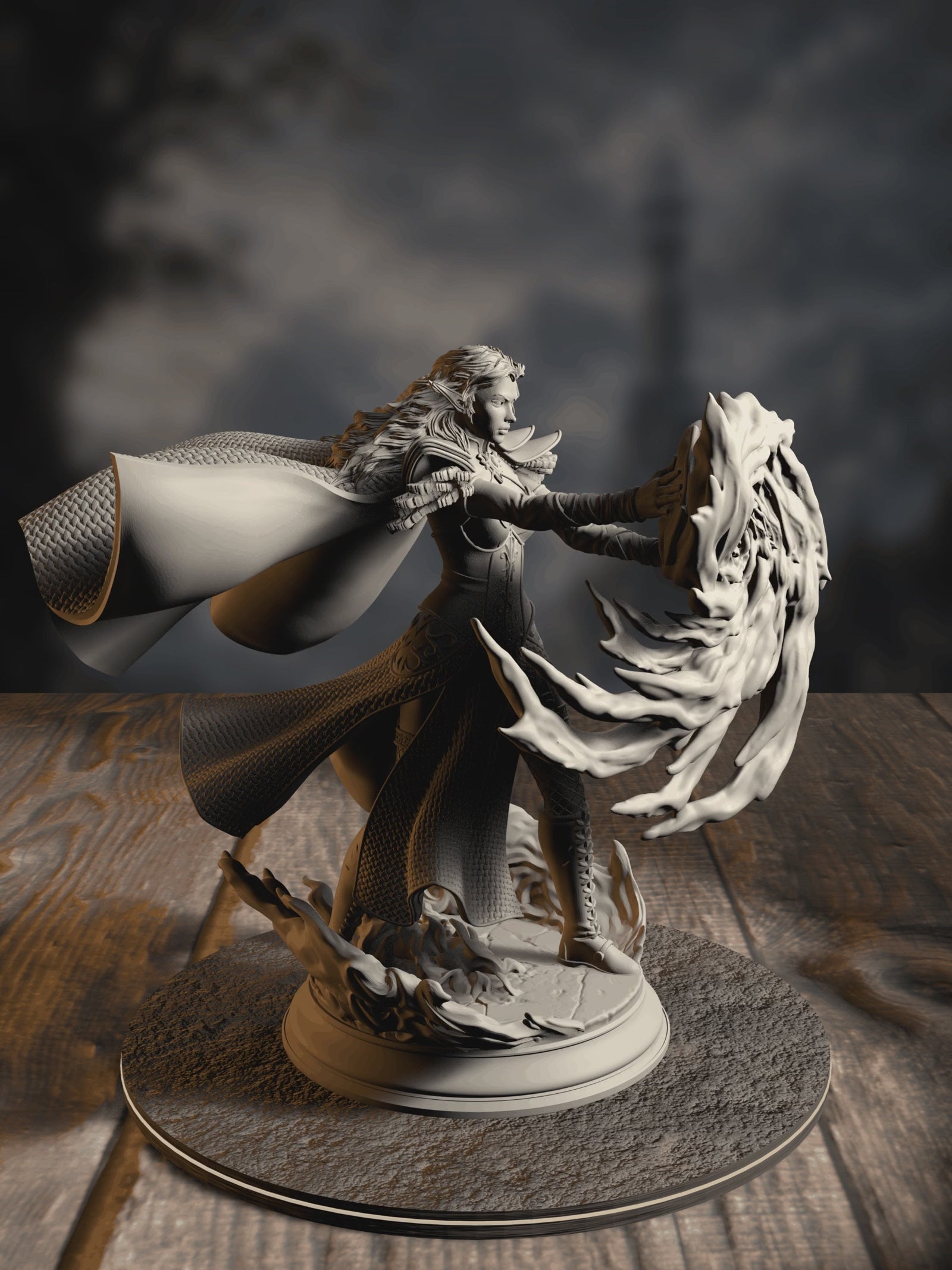 360-degree turntable of Tyria Ravensong, Unbridled Sorceress, showcasing full sculpt detail from every angle.