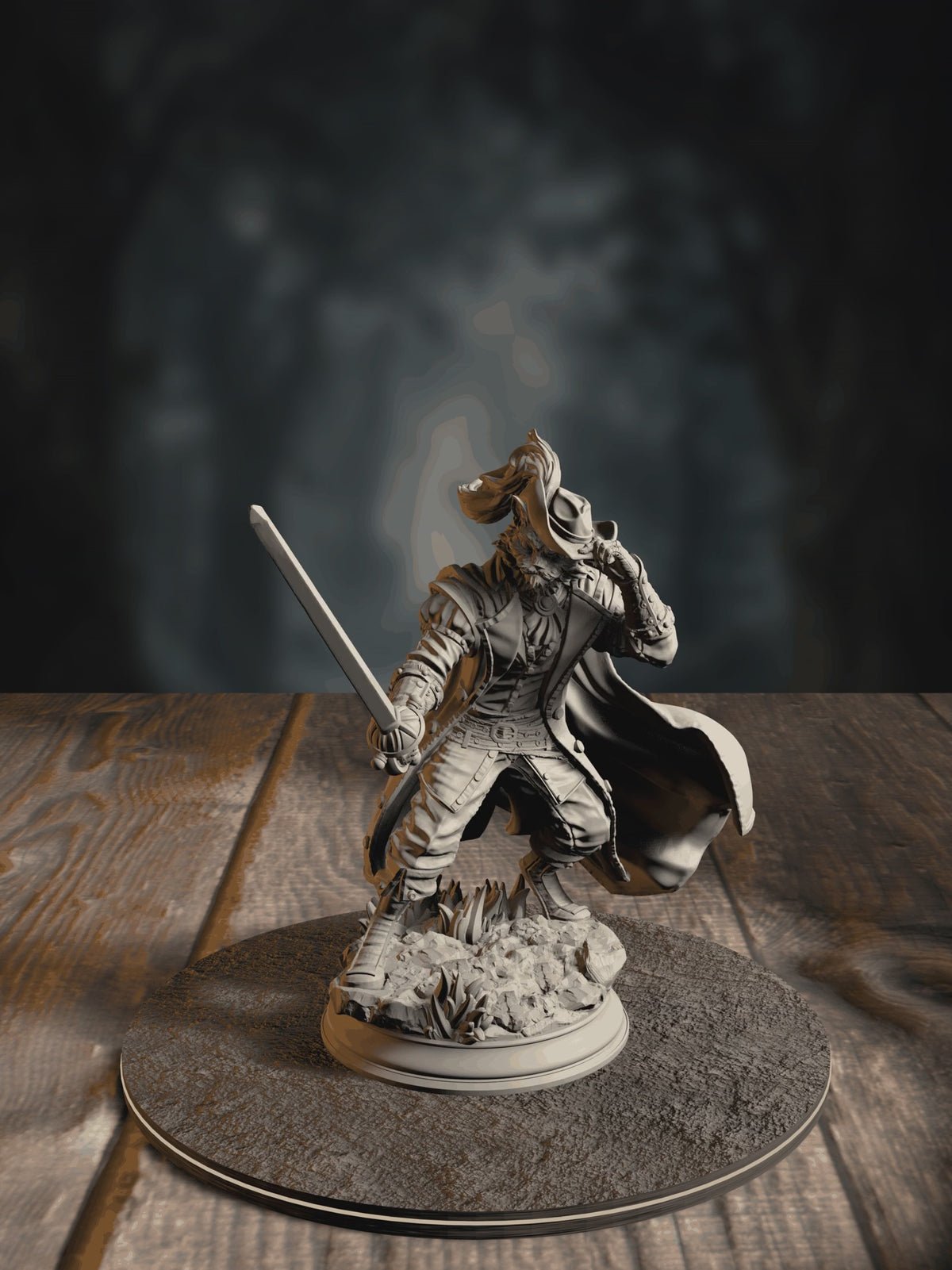 360-degree turntable of Puss In Boots, Tabaxi Fencer, showcasing full sculpt detail from every angle.