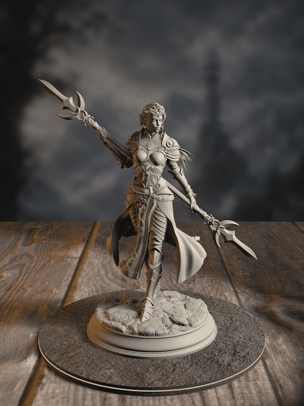 360-degree turntable of Ninera Glynvari, Blade of the Crescent Moon, showcasing full sculpt detail from every angle.