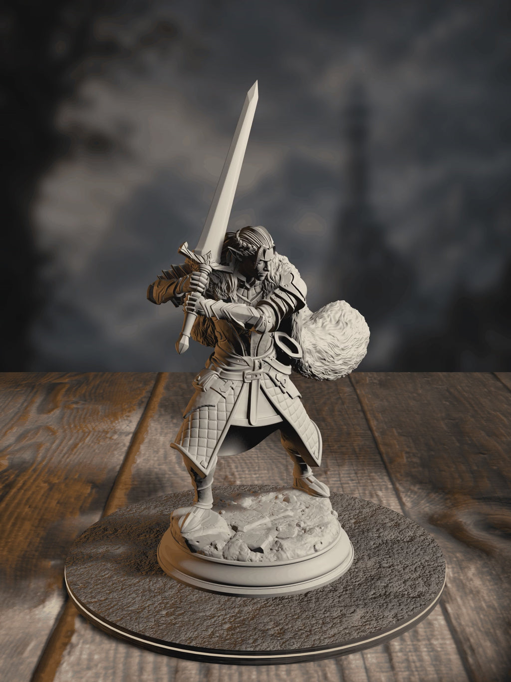 360-degree turntable of Harias of the Borderlands, Elven Fighter, showcasing full sculpt detail from every angle.