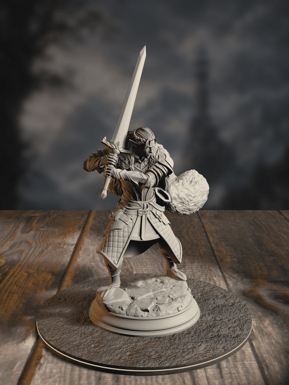 360-degree turntable of Harias of the Borderlands, Elven Fighter, showcasing full sculpt detail from every angle.