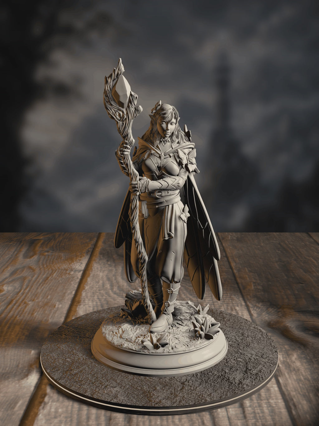 360-degree turntable of Kahlia Birdsong, Druid of the Canopy, showcasing full sculpt detail from every angle.