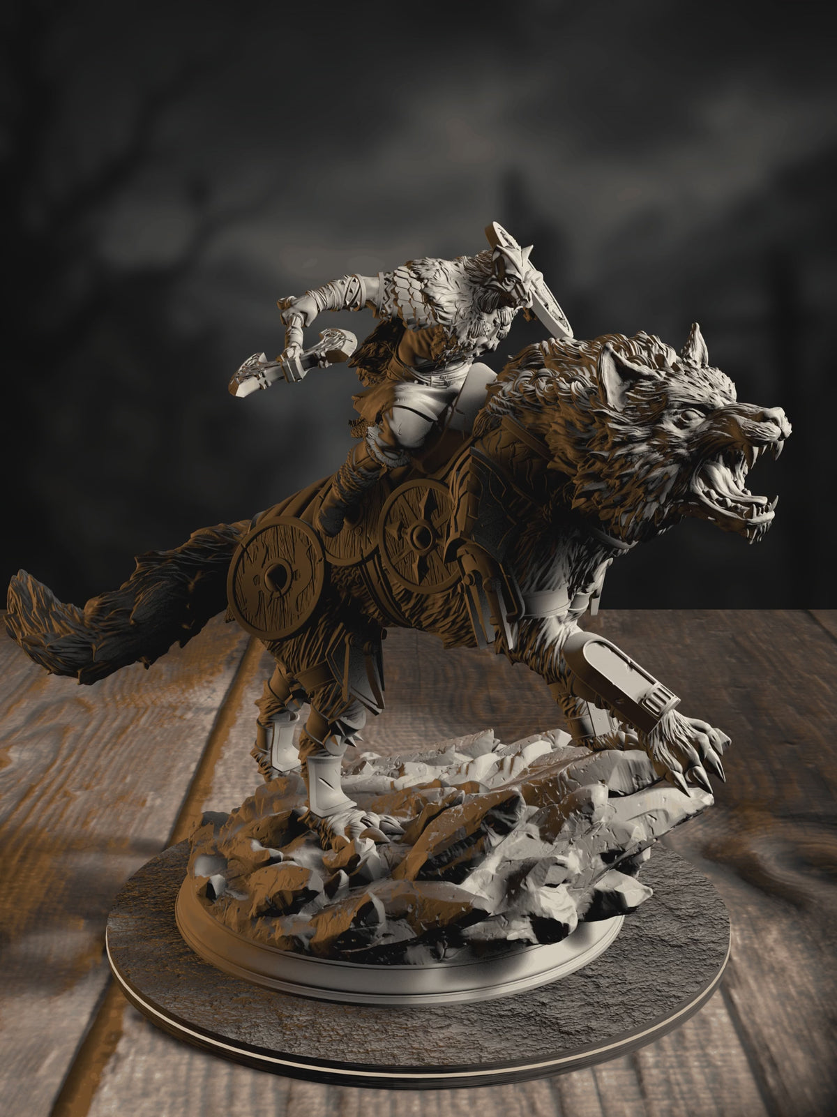 360-degree turntable of Skjolnir & Haarn, The Wolf Knight, showcasing full sculpt detail from every angle.